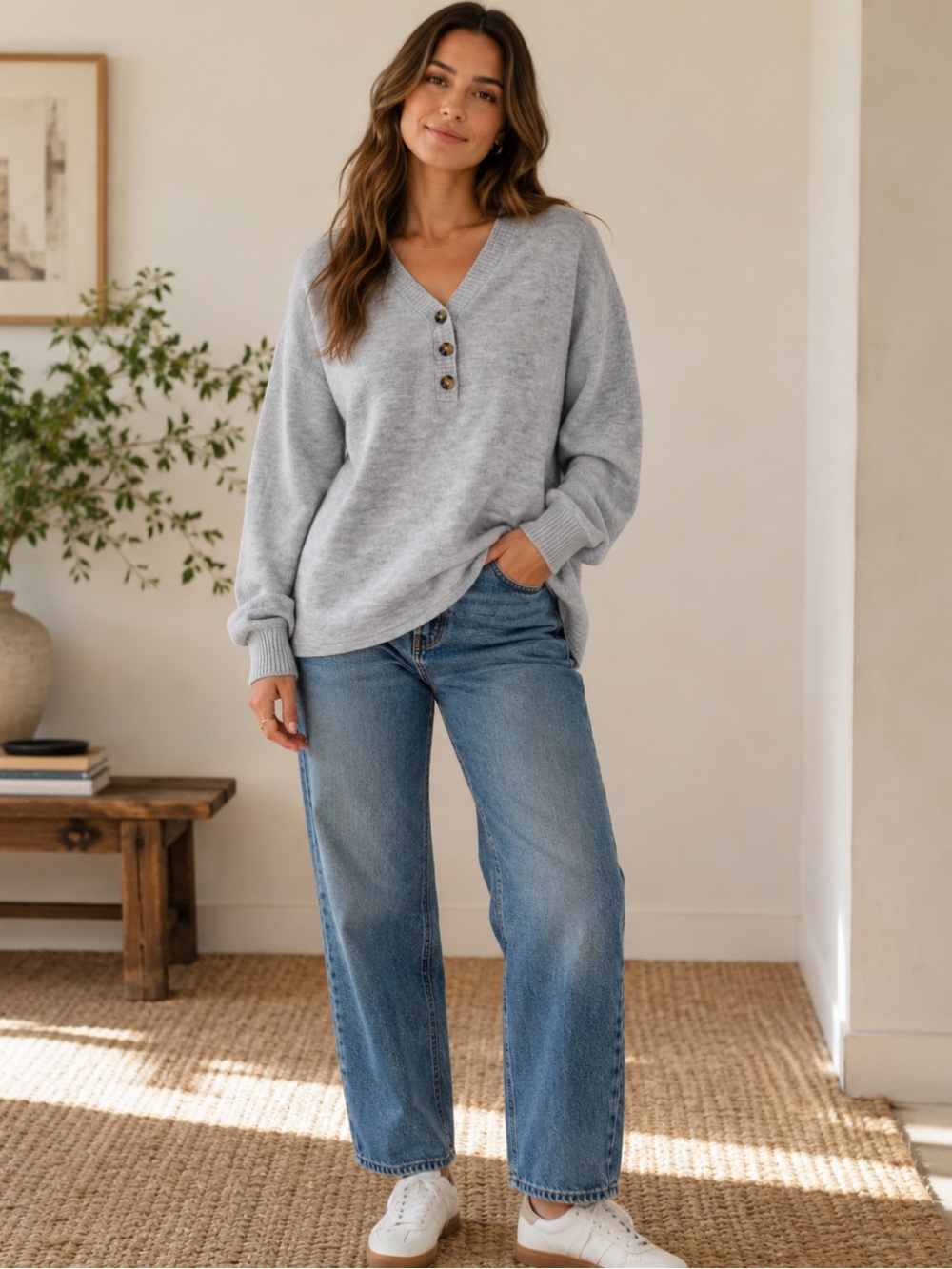 Billabong women's V-neck long-sleeve henley sweater grey oversized size L